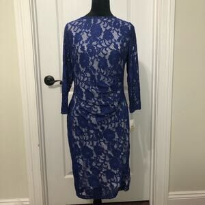Kasper Laurissa Sheath Dress Sz Medium Royal Blue‎ White Lace Floral Long Sleeve